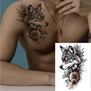 Tatuaje Temporal de Transferencia de Agua con Diseño de Lobo, Tigre y Rosa, Adhesivo Ecológico para Arte Corporal y Facial para Adultos - Product Image 1