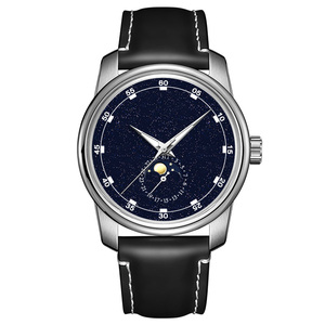 Montre-bracelet en cuir classique avec logo personnalisé OEM, montre mécanique automatique vintage de luxe avec saphir, phase lunaire, pour hommes - Product Image 1