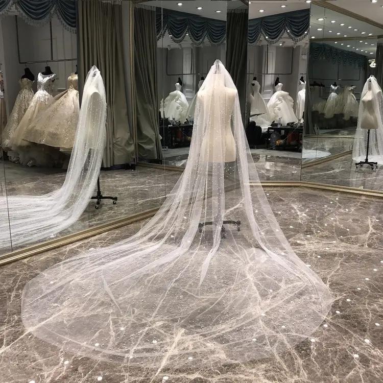 Kerudung Tulle Pengantin Aksesori Pernikahan 3M, Dua Mutiara Populer Pesta Musim Panas Putih Kerudung Panjang Pengantin Wanita Baru