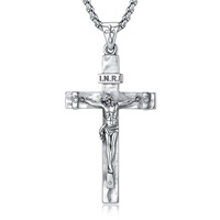 Merryshine Collier Pendentif Religieux Croix de Jésus Crucifix et Médaille Miraculeuse, en Laiton Plaqué Argent Épais et Oxydé Style Antique