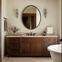 Armoire de salle de bain murale classique américaine rétro en chêne rouge avec lavabo et évier pour hôtel et appartement