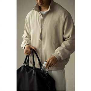 Men's Bubble Stripe Stand Collar Jacket Apricot White Loose Fit Zipper Sports <b>Cardigan</b> Youth Casual <b>Spring</b> Autumn - Product Image 1