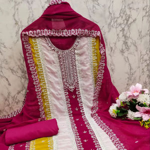 Fox jorjet broderie avec fond intérieur et santon soie et dupatta robe costume matériel pour les femmes - Product Image 1