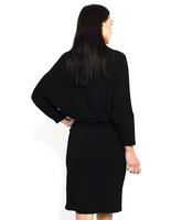 Robe Midi Femme Manches Longues Chauve-Souris, Col Bateau, Taille Élastique, Coupe Blouson Moulante, Noire, Idéale pour le Bureau et les Affaires - Grande Vente