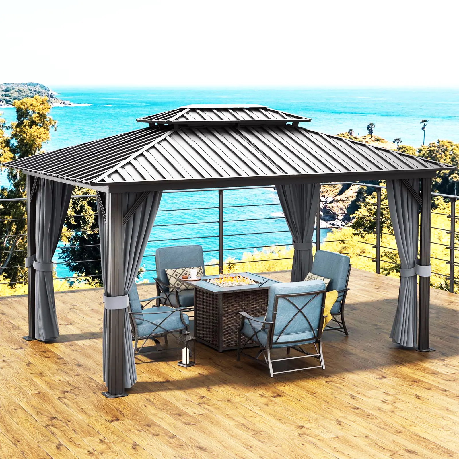 Chất lượng cao Trung Quốc đôi sàn gỗ ngoài trời nhôm mạ kẽm pergola gazebo với mái kim loại không thấm nước sơn tĩnh điện khung