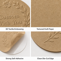 Étiquettes autocollantes durables en papier texturé avec logo 3D en relief, imperméables, en forme de cercle, pour boîtes de produits