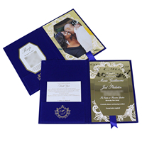 Luxuriöse Königsblaue Samt-Hochzeitseinladungs-Suite Maßgefertigte Gold-Spiegel-Acrylkarte Mit Tasche und Band für Hochzeitszeremonie