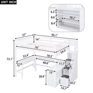 White Wooden Loft Bed With Desk And <b>Storage</b> For <b>Kids</b> Bedroom - Product Image 3