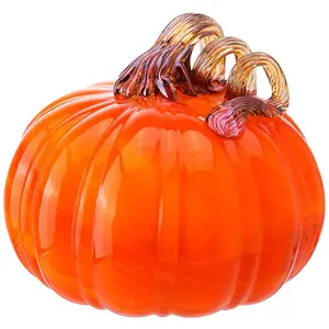 Random Color Hand-Blown Glass Pumpkin With Stem For Halloween Thanksgiving Fall Harvest Hard Figure Table Top Home Decor