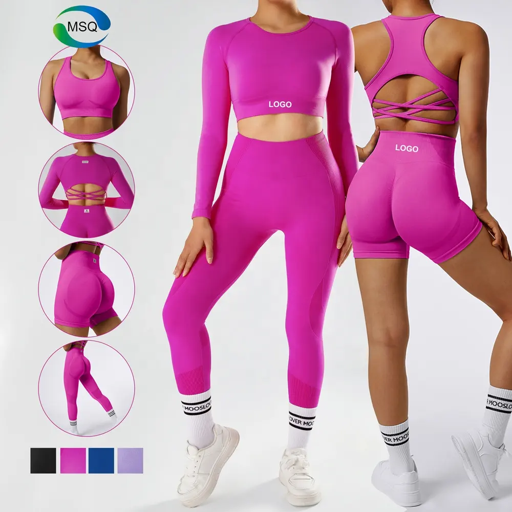 Biểu Tượng Tùy Chỉnh Liền Mạch Activewear Phòng Tập Thể Dục Tập Thể Dục Bộ 3 Mảnh Dài Tay Áo Crop Top Áo Ngực Thể Thao Phòng Tập Thể Dục Xà Cạp Tập Thể Dục Bộ Cho Phụ Nữ