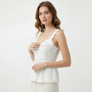 Top Babydoll sin Mangas <span class=keywords><strong>con</strong></span> Encaje Personalizado OEM, Camisola <span class=keywords><strong>con</strong></span> Botones, <span class=keywords><strong>Blusa</strong></span> Corsé <span class=keywords><strong>con</strong></span> Tirantes <span class=keywords><strong>con</strong></span> Volantes Blancos Vintage - Product Image 2