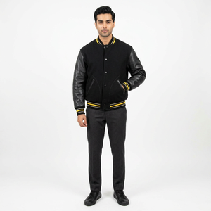 Custom Logo Men Women Varsity Letterman Bomber Jacket Wholesale <b>High</b> Quality Dark Black Wool Stand Waterproof Jackets <b>Leather</b> - Product Image 1