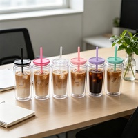 Nouvelle tasse à paille en plastique colorée, simple et élégante, avec couvercle, double paroi, portable, 16 oz, isolation thermique, pour boissons, fabrication en usine