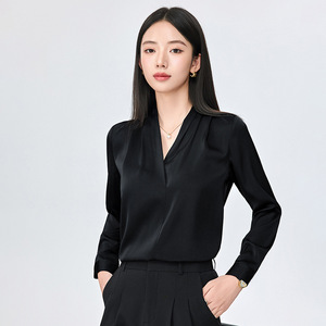White Long Sleeve Chiffon V Neck Blouse Women Solid Color Commuting Shirt Polyester Fabric - Product Image 5