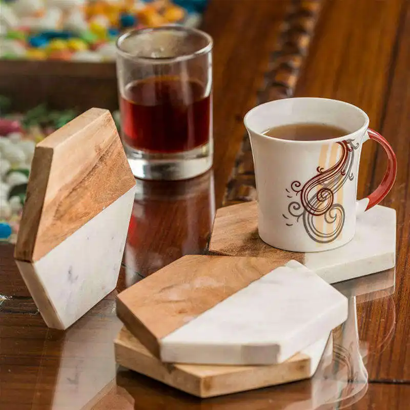 Creative Marble Splicing Bamboo Customize Cup Coaster Set for Bar Home Wooden Placemat Round Coaster