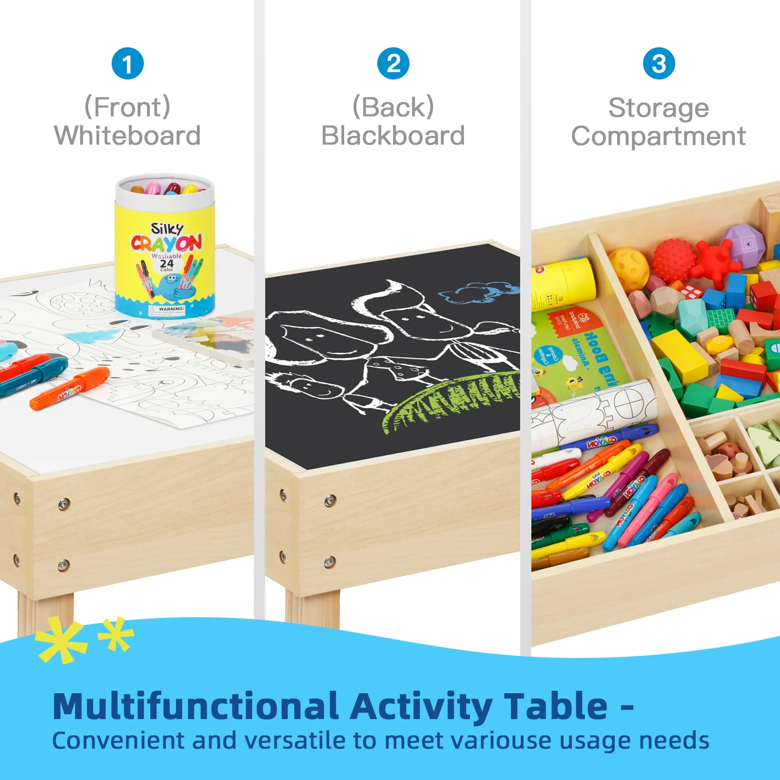 Wood Kids' Furniture Sets Double Side blackboard Table and Chairs for kids Activity Table with Storage box