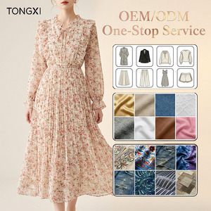 TONGXI <span class=keywords><strong>Abito</strong></span> da Donna Personalizzato con Logo, Nuovo Stile Francese con Scollo a V, Maniche Lunghe, Vita Floreale e Gonna Lunga Plissettata - Product Image 1