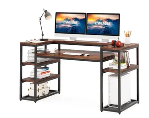 63英寸电脑桌、带监视器支架的学习桌和书架展示