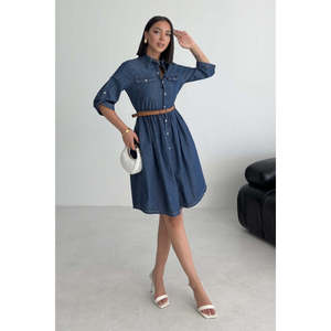 Vestido Camisero de Mezclilla con Cuello Camisero, Cintura Natural, Tejido Transpirable, Estilo Casual Diario - Product Image 6