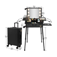 Valise à roulettes en aluminium noir, valise de beauté, valise à maquillage portable avec miroir LED pour salon de coiffure, artiste
