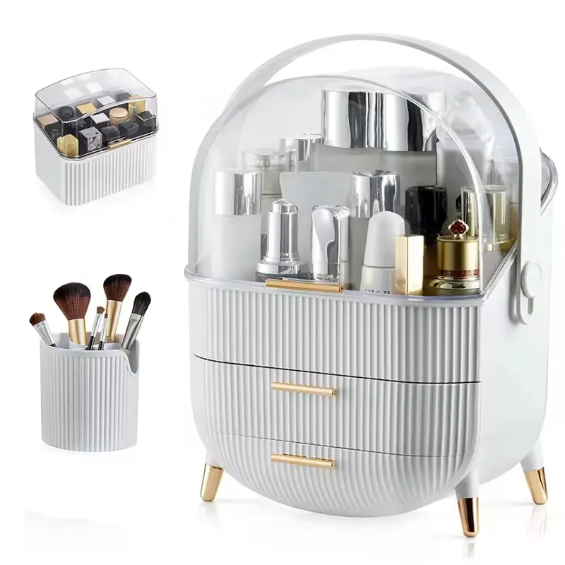 Caja de almacenamiento de cosméticos de plástico para baño, funda transparente, vitrina de maquillaje, organizador de maquillaje de 2 cajones con soporte para brochas, estante para Pintalabios