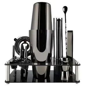 Customized 13pcs top seller stainless steel cocktail shaker set with Plastic stand black shaker cocktail