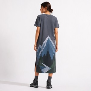 Abito Midi da <span class=keywords><strong>Donna</strong></span> in Cotone Tinto in Massa 200g, Collo Tondo, Stampa Silhouette Montagna, Collezione Autunno, Modello Svasato, Vita Naturale, Ideale per l'Avventura - Vendita all'Ingrosso - Product Image 3