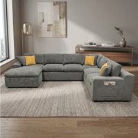 Grand canapé modulaire en forme de U en tissu chenille avec poches de rangement latérales et fonction massage, convertible en lit