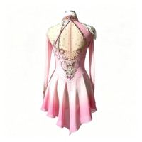 Costume de patinage artistique rose clair dégradé, robe en maille à manches longues avec strass pour filles adultes, compétition et performance