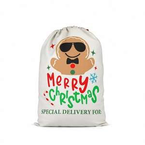 Sac cadeau de Noël personnalisé avec logo imprimé, sac de Père Noël, sac en lin à cordon avec motif de dessin animé mignon - Product Image 3