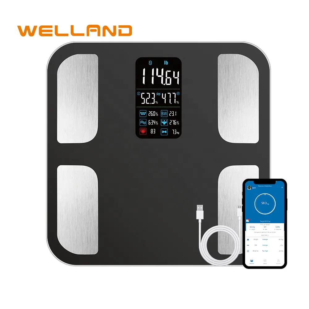 디지털 방식으로 측정 체지방 BMI 분석 App 체육관 똑똑한 체지방 Welland 검정 VA 스크린 핫 세일 고도 부드럽게 한 유리제 가늠자