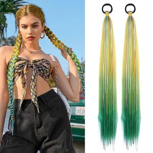 2 Pcs Ponytail Extension 26" Tinsel Colored Hair Ponytail Yellow Green <b>Braid</b> Ponytail Extension With Elastic - Product Image 1