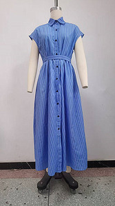 Summer Women's Striped Shirt Collar Short Sleeve Waist-cinched Button-<b>down</b> Dresses Fashion - Product Image 5