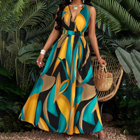 Nouvelle Robe Longue Décontractée d'Été Sans Manches Grande Taille pour Femme, Imprimée Col V Profond, Taille Cintrée, Idéale Plage