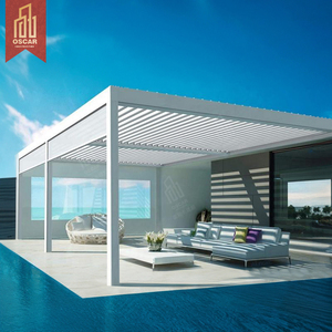 Pérgola negra bioclimática motorizada para exteriores, cenador de aluminio impermeable <span class=keywords><strong>con</strong></span> operación remota de acrílico gris en pérgola blanca y negra - Product Image 1