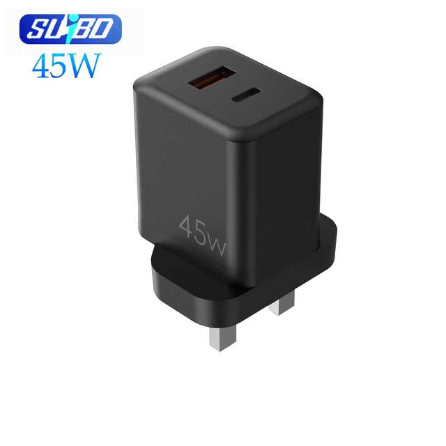 45W PD QC3.0 Type-C 5V/3A SUIBO Dual Port Gan Fast Charger Power Supply Adapter UK 3-Pin Plug for Mobile Phones