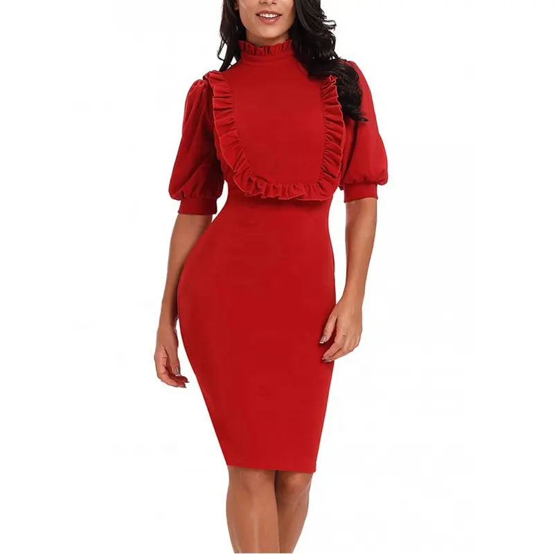 Vestido de manga de lanterna vermelho, babado, gola alta, feminino, formal, para escritório