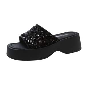 Nouvelles sandales d'été noires à paillettes pour femmes, à plateforme, à enfiler, à bout ouvert, à talon haut, confortables, avec lanières avant et arrière - Product Image 5