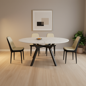 Elegante Tavolo da Pranzo Circolare Espandibile con 4 Sedie in Tessuto PU Gambe in Metallo Nero Set Moderno per Sala da Pranzo - Product Image 2