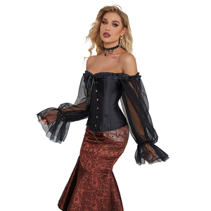 Off Shoulder Gothic Corselet Overbust Corset <strong>Black</strong> Sheer Long Sleeve Bustier <strong>Top</strong> Korset <strong>Basques</strong> Shirt - Product Image 5