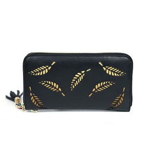 Portefeuille long en cuir véritable Ando pour femme, motif feuille dorée/argentée découpée, porte-cartes et billets fin - Product Image 4