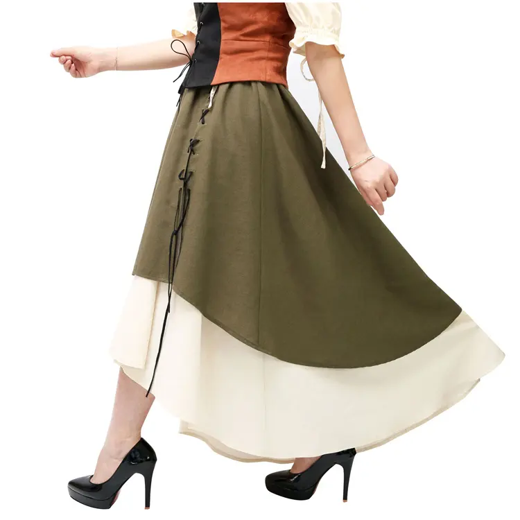 महिलाओं के पुनर्जागरण Cosplay कॉस्टयूम फीता अप मध्ययुगीन पोशाक डबल-परत विक्टोरियन स्कर्ट विंटेज लंबी स्कर्ट