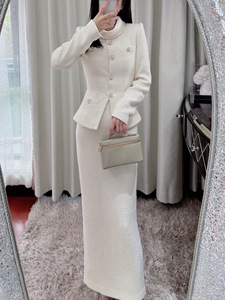 Bettergirl 2026 Ramadan Abito Casual Elegante Francese <span class=keywords><strong>in</strong></span> <span class=keywords><strong>Tweed</strong></span> Bianco Avorio a Maniche Lunghe - Product Image 2