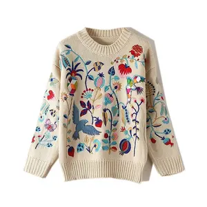 Warm Sweater Fashion Custom Flower Floral Embroidery Knitwear Pullover 100% Cotton Knitted Winter Thick Man Sweater