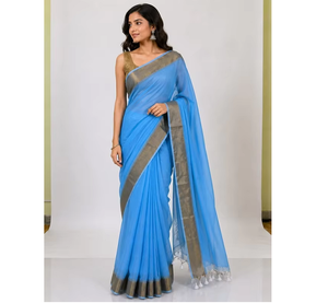 Sari de Algodón Azul de Diseño con Borde de Zari para Mujer, Tela de Algodón Suave y Cómoda, Moda Étnica Tradicional y Elegante - Product Image 1