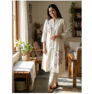 Conjunto de Kurta y Pantalón de Algodón con Bordado Floral para Mujer, con Dupatta, de Secado Rápido, Sin Arrugas, Ropa Étnica - Product Image 3