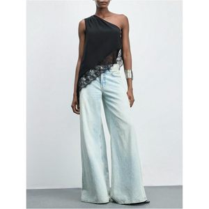 FOXA Débardeur asymétrique à une épaule avec dentelle pour femme, haut d'été sans manches en mousseline respirante - Product Image 3