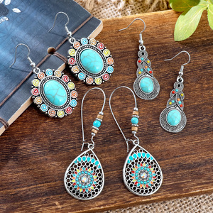 Juego de pendientes colgantes de moda, pendientes de aleación turquesa para mujer, joyería bohemia para fiesta, diseño de flor con engaste de bisel - Product Image 4