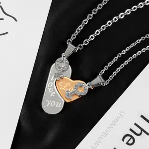 Wholesale Stainless Steel Gold Stitching Heart Pendant Necklace Titanium Steel I Love You Heart Zircon Necklace Set Couple