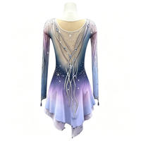 Costume de patinage artistique bleu dégradé lavande, robe à manches longues avec dos en maille et strass pour filles et adultes, performance sur glace